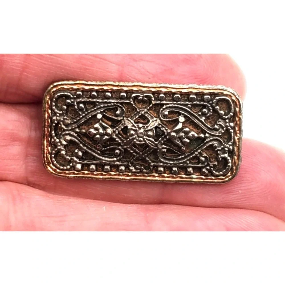 Gothic Celtic Scrollwork Openwork Bar Brooch Silver & Copper Tone 1.5